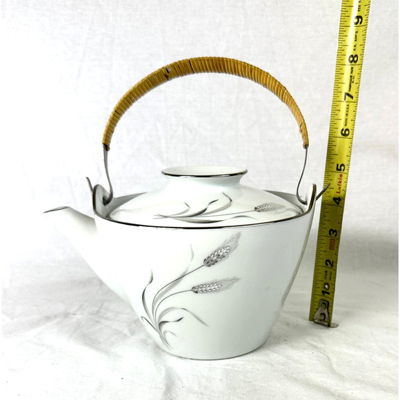 Vintage Noritake Prosperity Tea Pot Silver Wheat 6841 Bamboo Handle - Picture 10 of 12